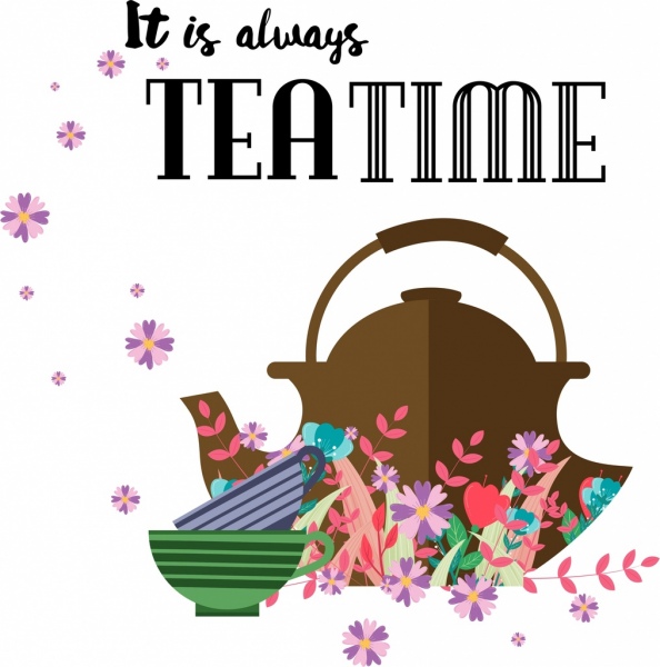 وقت الشاي لافتة أكواب وعاء الزهور ديكور الرموز