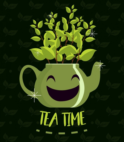pot vert de thé temps bannière stylisé feuilles icônes