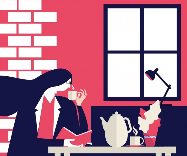 茶時間畫放鬆女人圖示卡通設計