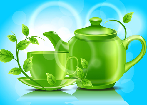 ถ้วยน้ำชากาน้ำชาและใบสีเขียวพื้นหลังเวกเตอร์