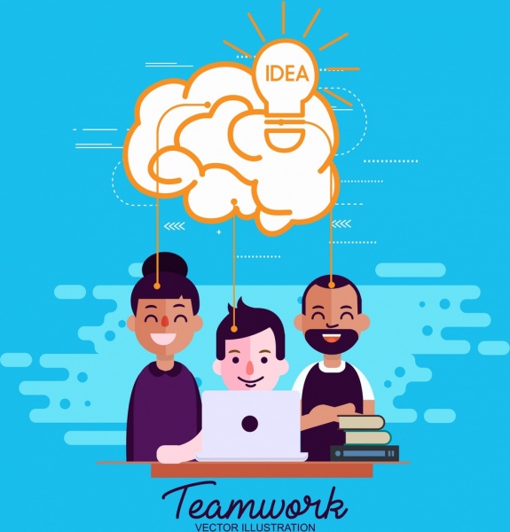 banner de conceito de trabalho de equipe equipes ícones de nuvem de lâmpada