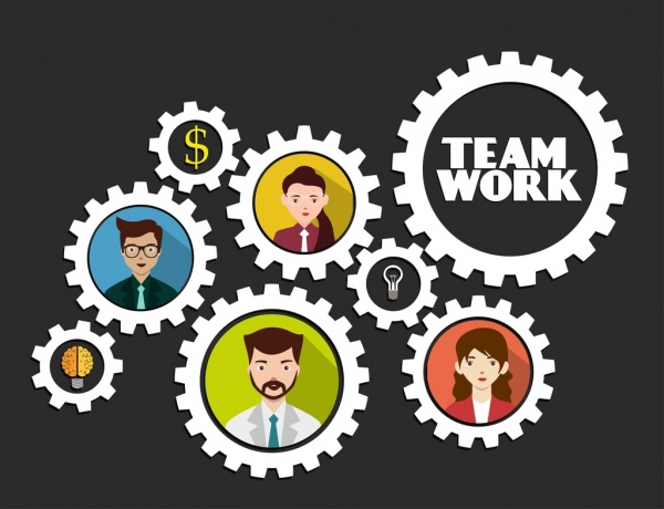 Teamwork Konzept Hintergrund Mitarbeiter Avatare Getriebe Symbole