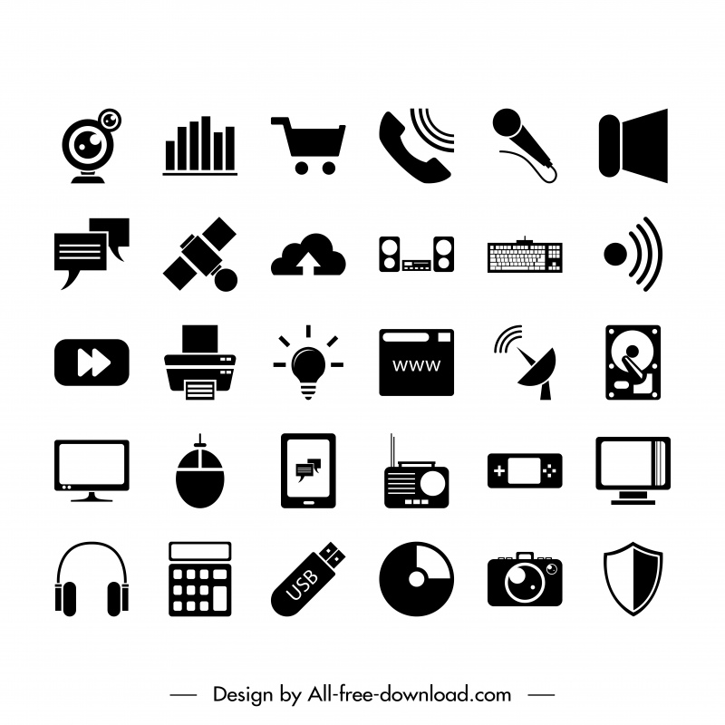 ícone de tecnologia define contorno plano de símbolos brancos pretos