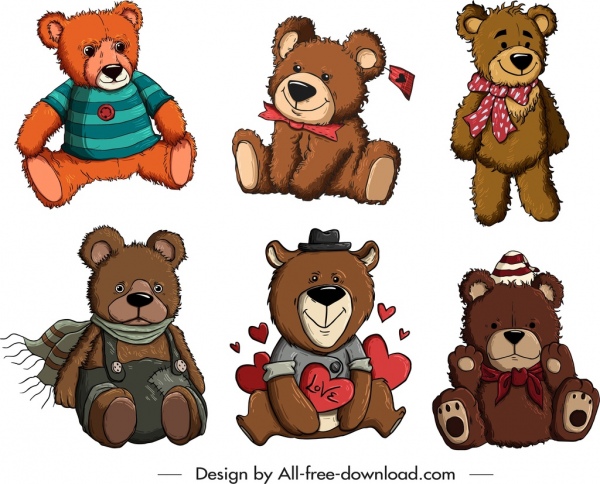 Coleção de ícones de ursinho de pelúcia bonito esboço estilizado dos desenhos animados