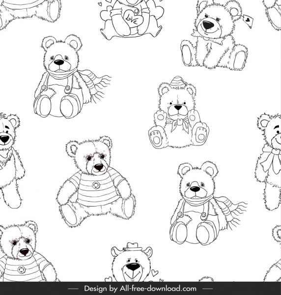 Teddybär Muster schwarz weißen wiederholten handgezeichneten Skizze