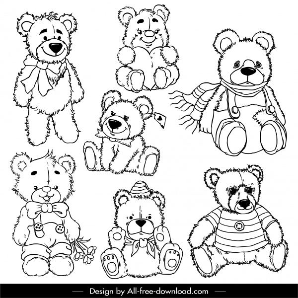 osos de peluche iconos blanco negro dibujado a mano bosquejo