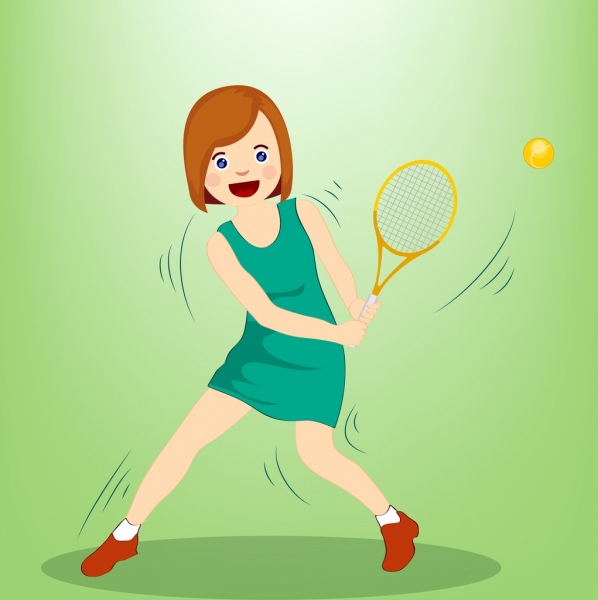 網球背景女性球員圖示彩色卡通設計