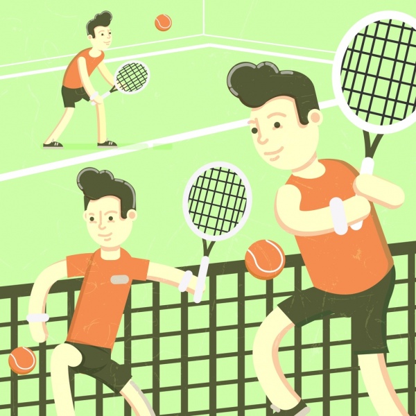 Tennis Hintergrund männlichen Spieler Symbole farbige Cartoon Charakter