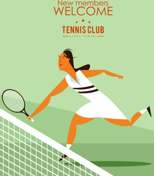 网球女运动员彩色卡通图标广告