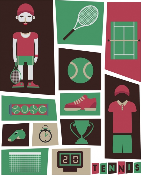 tenis elementos de diseño verde rojo decoración varios símbolos