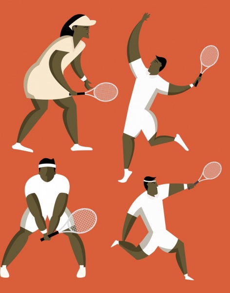 أيقونات لاعبي كرة المضرب الإيماءات المختلفة الكرتون الأحرف