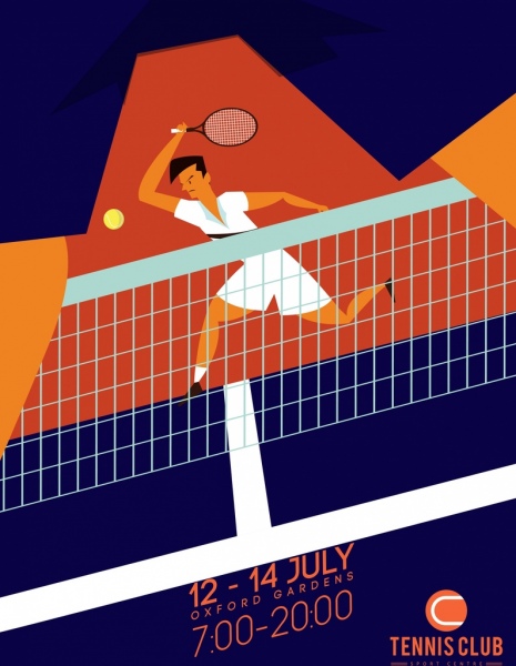 plakat graczem tenisa netto trybunał ikon kolorowy rysunek
