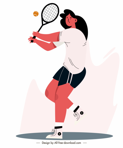 網球運動圖示動態女孩素描卡通設計。