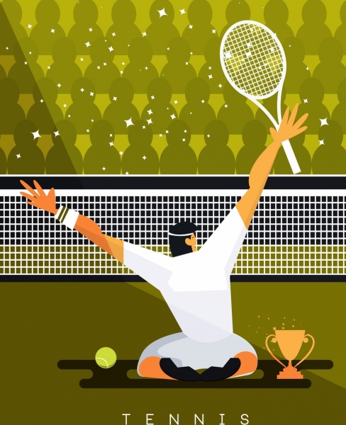 Icone di tazza di campione di tennis torneo banner personaggio dei cartoni animati