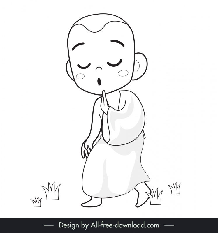 Garis besar karakter kartun Dynamic Walking ikon biksu Buddha Thailand