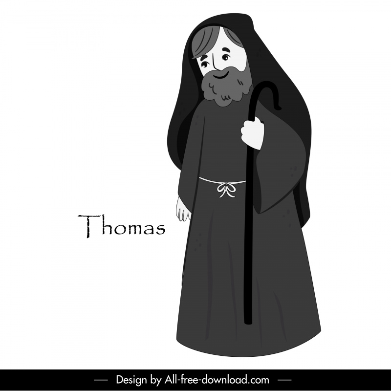 Thomas Christian Apôtre icône noir blanc Vintage dessin animé personnage contour