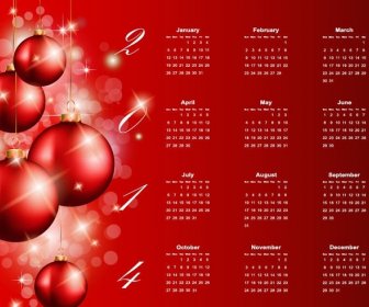 2014 Calendar With Ball Ornament Red Background Vector Graphic
