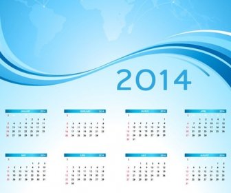 2014日曆與藍色世界地圖向量圖
