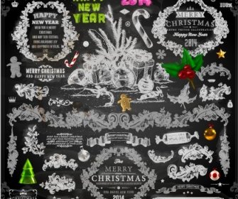 2014 クリスマス黒装飾とラベル ベクトル