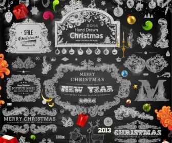 2014 クリスマス黒装飾とラベル ベクトル