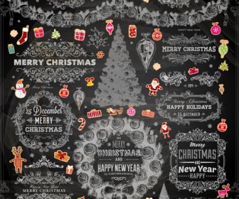 Süs Vektör Ile 2014 Noel Karanlık Etiketleri Ayarlama