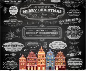 2014 Christmas Dark Labels With Ornaments Vector Set
