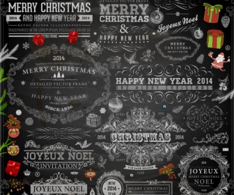 2014 Christmas Dark Labels With Ornaments Vector Set