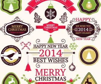 2014 Christmas Lables Ribbon And Baubles Ornaments Vector