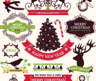 2014-Weihnachten-Etiketten Band Und Vektor-Kugeln Ornamente