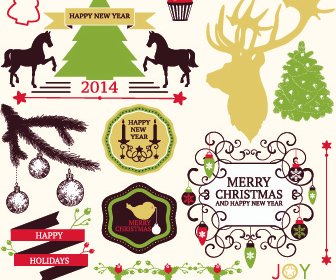 2014 Christmas Lables Ribbon And Baubles Ornaments Vector
