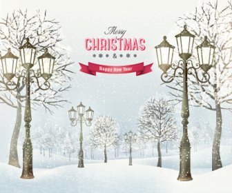 2015 クリスマス通りランプと雪の背景