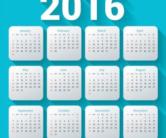 Tarjeta De Mes 2016 Calendario Plantilla Azul Sombra