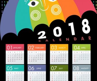 Ikon 2018 Kalender Desain Bergaya Warna-warni Payung