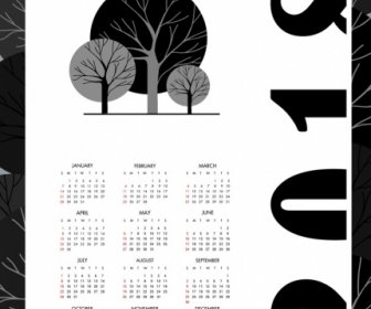 2018 Calendar Template Black White Design Tree Icons