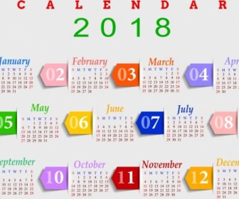 2018年のカレンダーテンプレート明るい色とりどりのモダンデザイン
