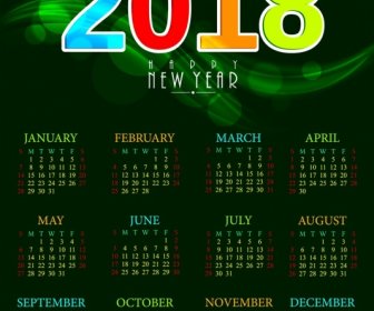 2018年のカレンダーテンプレート緑のピンぼけの背景にカラフルな番号