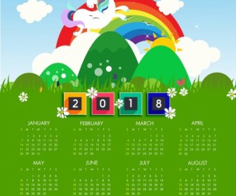 2018 Calendário Modelo Verde Decoração Arco-íris Cavalo ícones