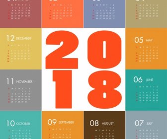 2018 Calendar Template Modern Colorful Flat Design