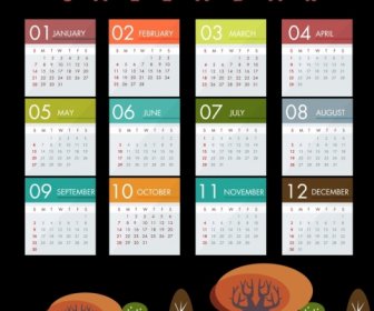 2018 Calendar Template Multicolored Tree Icons Decor
