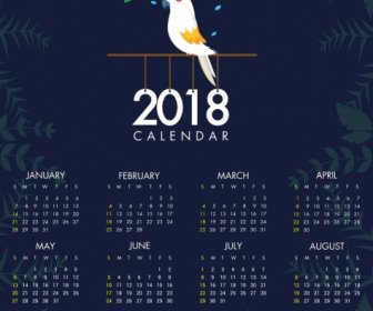 2018 カレンダー テンプレート オウム アイコン植物装飾をビネットします。