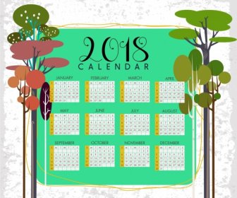 2018 カレンダー テンプレート ツリー アイコン装飾