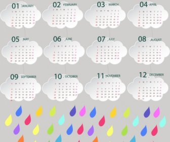 2018 Calendar Template Weather Style Rain Clouds Icons