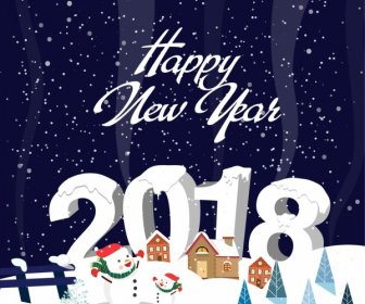 2018 Neujahrs Banner Verschneiten Hintergrund Schneemann Symbole
