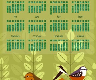 ícones De árvores Pássaros Uma Decoração Cenário Calendário 2019