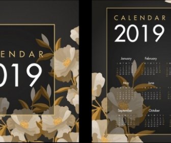 2019 Calendario Fondo Transparente Decoración Flores Iconos