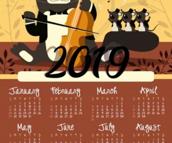 2019 Calendar Background Animal Theme Stylized Cat Mice