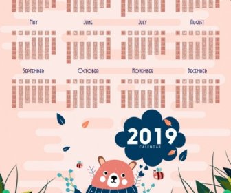 2019 달력 배경 귀여운 곰 꿀벌 잎 장식