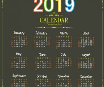 2019 カレンダー背景黒のエレガントな内装のカラフルな数