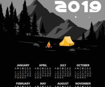 2019 Calendário Fundo Montanha Acampamento Tema Escuro Design