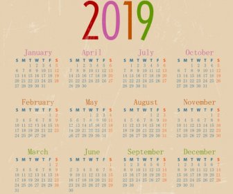 2019 Calendar Template Classical Retro Design